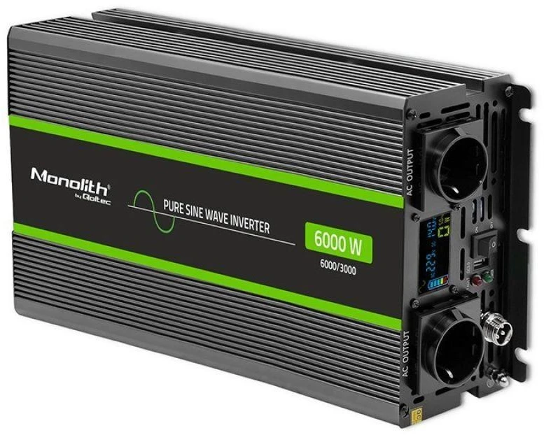 Qoltec Monolith įtampos keitiklis | 3000W | 6000W | 24V į 230V | gryna sinusinė banga | LCD