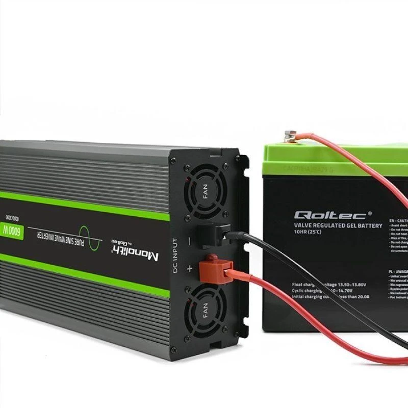 Qoltec Monolith įtampos keitiklis | 3000W | 6000W | 24V į 230V | gryna sinusinė banga | LCD