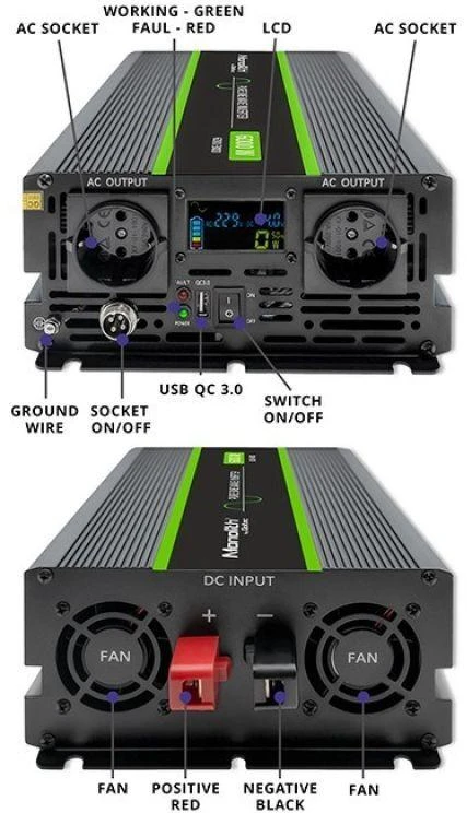 Qoltec Monolith įtampos keitiklis | 3000W | 6000W | 24V į 230V | gryna sinusinė banga | LCD