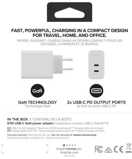 mophie sieninis adapteris USB-C PD DUAL 67W GAN EU (2xUSBC) Baltas