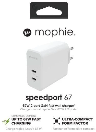 mophie sieninis adapteris USB-C PD DUAL 67W GAN EU (2xUSBC) Baltas