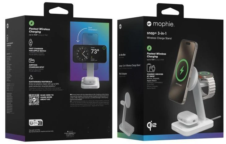 ZAGG Mophie Snap+ 3-in-1 Qi2 belaidžio įkroviklio stovas trims įrenginiams, suderinamas su MagSafe ir Qi2 – baltas