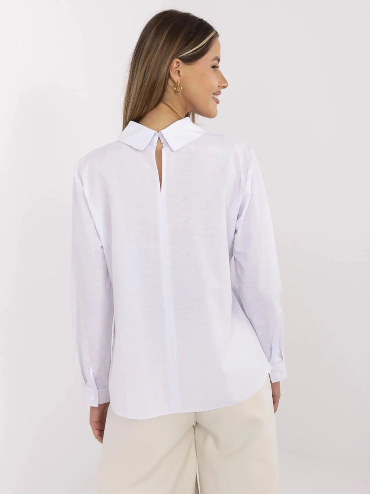 Moteriška balta ilgarankovė palaidinė su apykakle kasdienai