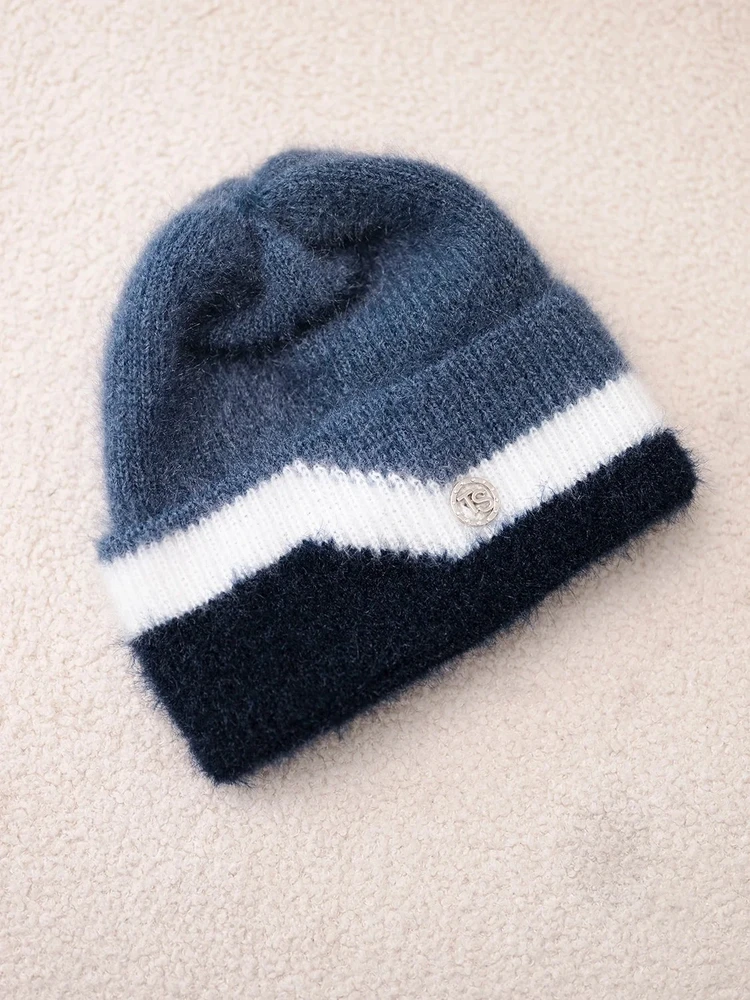 Moteriška beanie kepurė su dekoru, džinso mėlynos spalvos