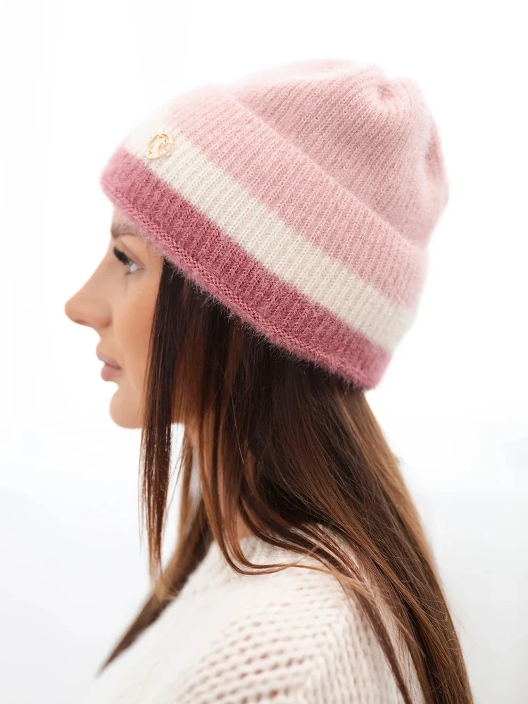 Moteriška beanie kepurė su dekoru, pudrinė rožinė ir tamsiai rožinė