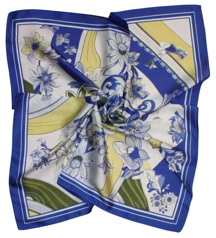 Moteriška dirbtinio šilko skarelė „Mėlyni ornamentai ir žiedai“, mėlyna / geltona