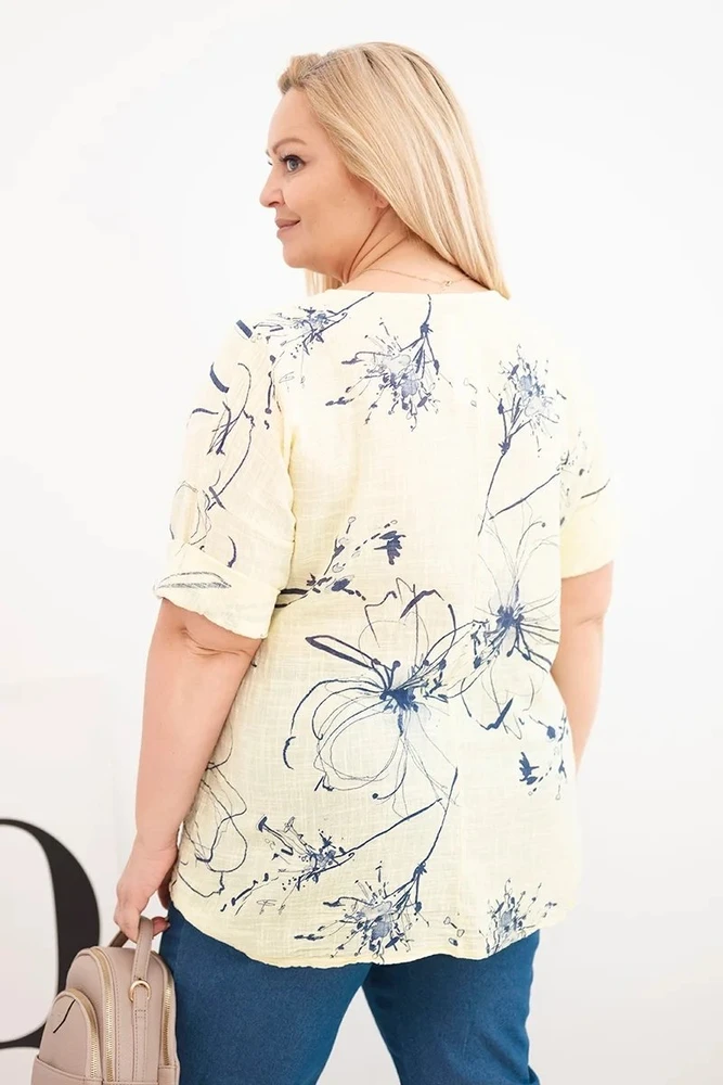 Moteriška geltona Plus Size palaidinė trumpomis rankovėmis su kišene