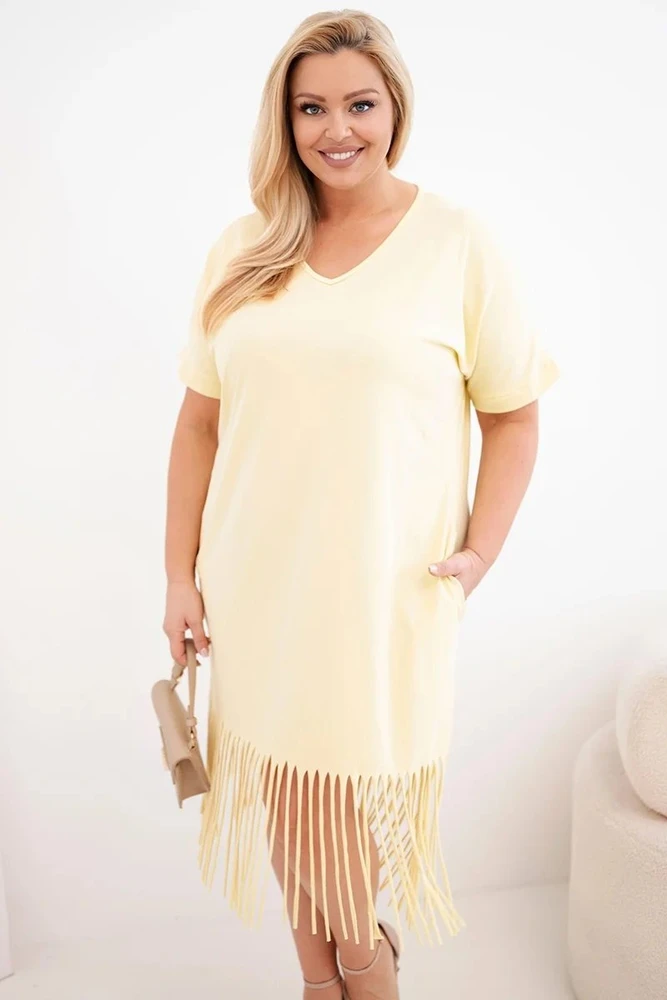 Moteriška geltona suknelė su V formos iškirpte ir kutais, Plus Size