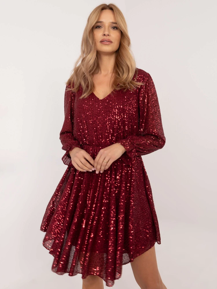 Moteriška kokteilinė suknelė su V formos iškirpte Italy Moda, bordo