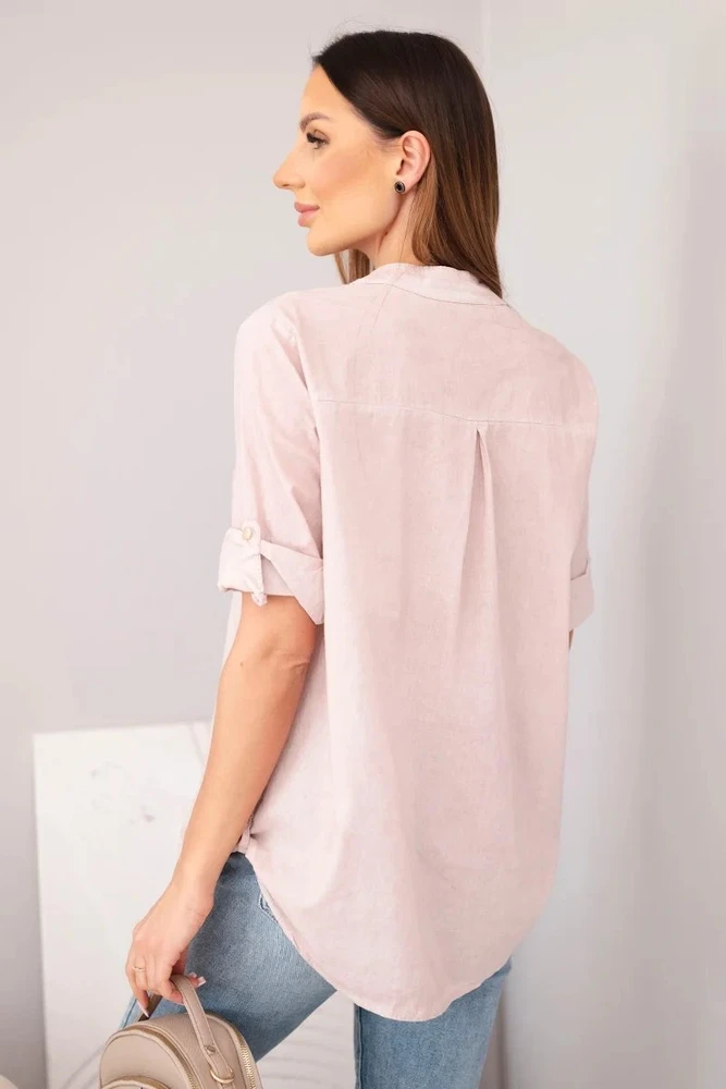 Moteriška medvilninė marškinių tipo palaidinė trumpomis rankovėmis su kišene, tamsiai pudrinė rožinė
