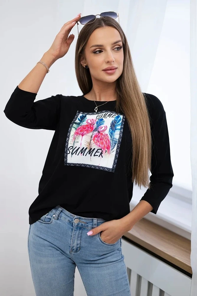 Moteriška medvilninė palaidinė su 3D flamingų grafika, juoda