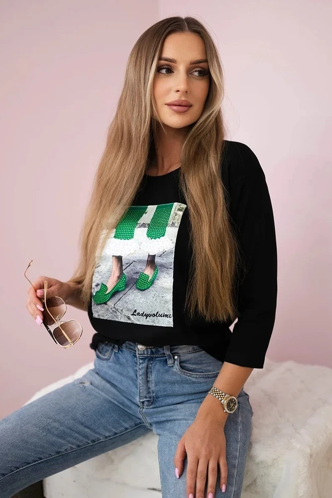 Moteriška medvilninė palaidinė su 3D grafika ir cirkonais, juoda