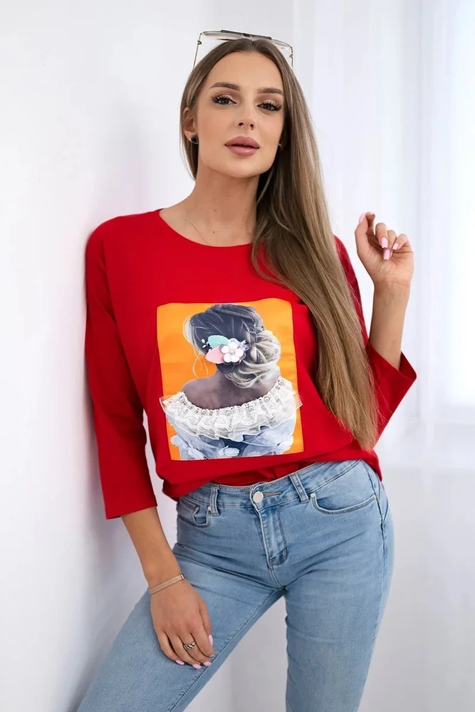Moteriška medvilninė palaidinė su 3D grafika, raudona