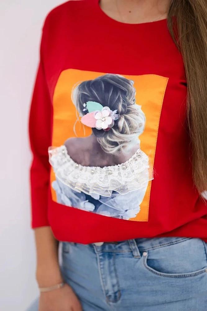 Moteriška medvilninė palaidinė su 3D grafika, raudona