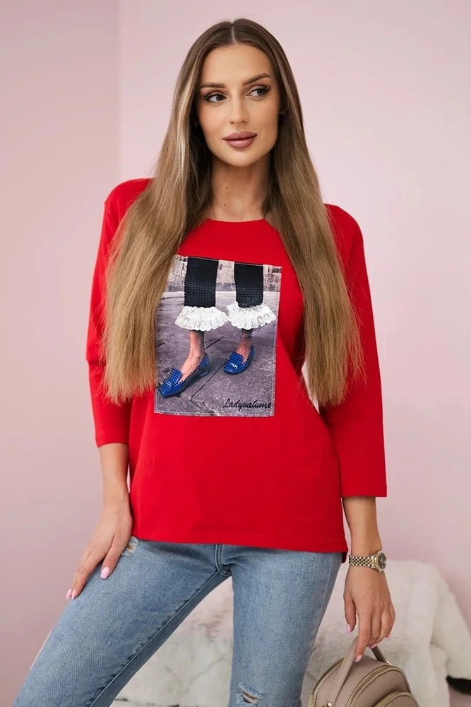 Moteriška medvilninė palaidinė su 3D grafika ir cirkoniais, raudona