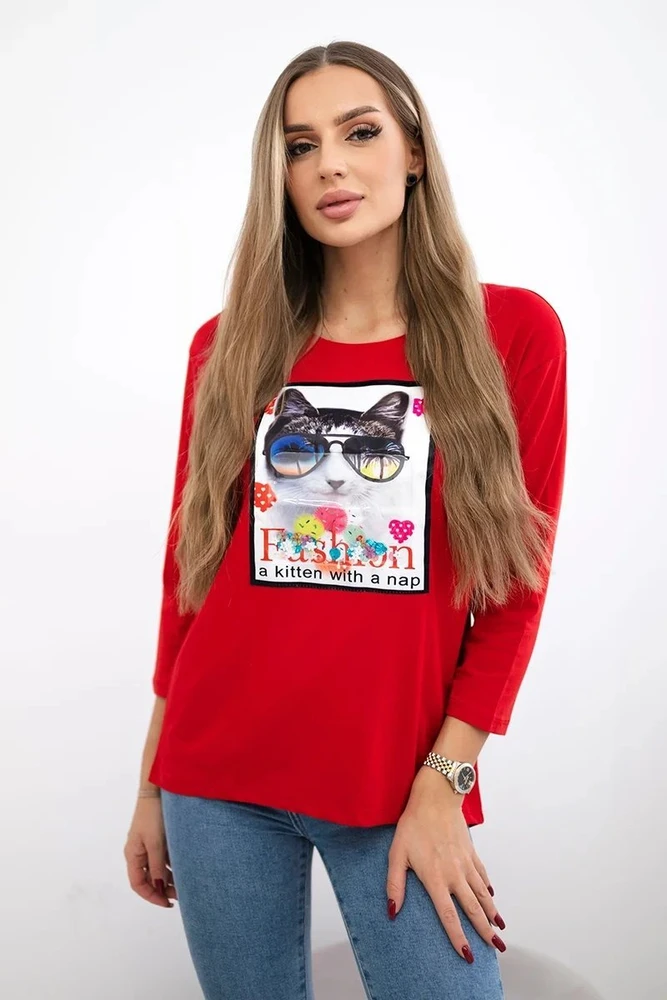 Moteriška medvilninė palaidinė su 3D katės grafika, raudona