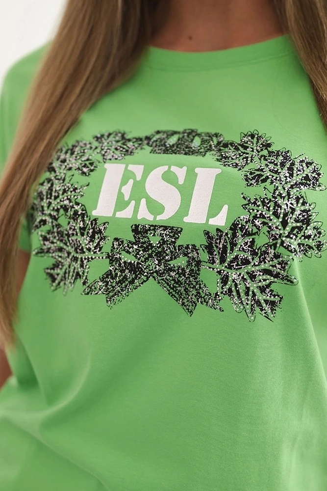 Moteriška medvilninė palaidinė su dekoratyviniu ESL spaudos raštu, žalios spalvos