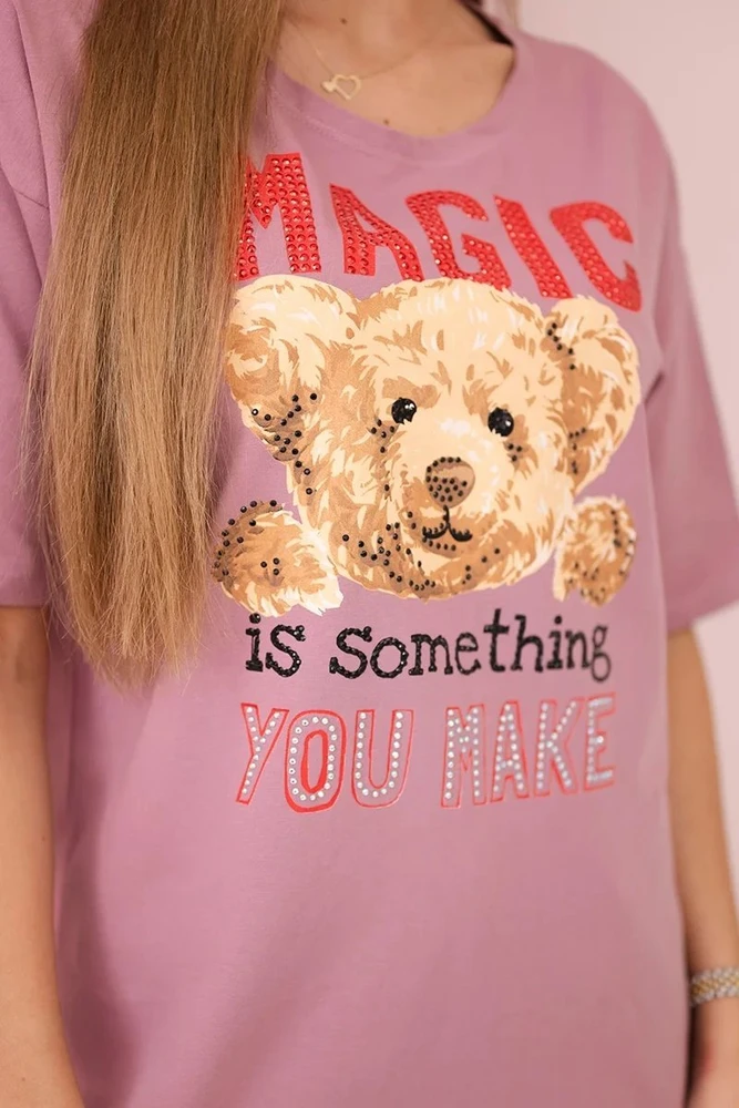Moteriška medvilninė palaidinė su „Magic“ užrašu, tamsiai rožinė