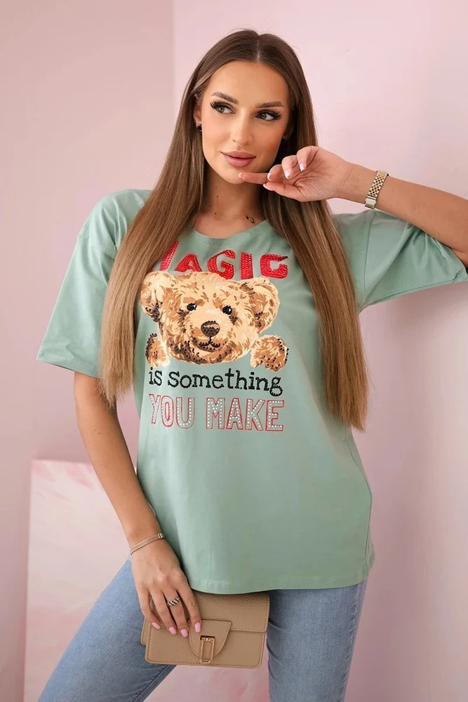 Moteriška medvilninė palaidinė su „Magic“ užrašu, tamsiai mėtinė