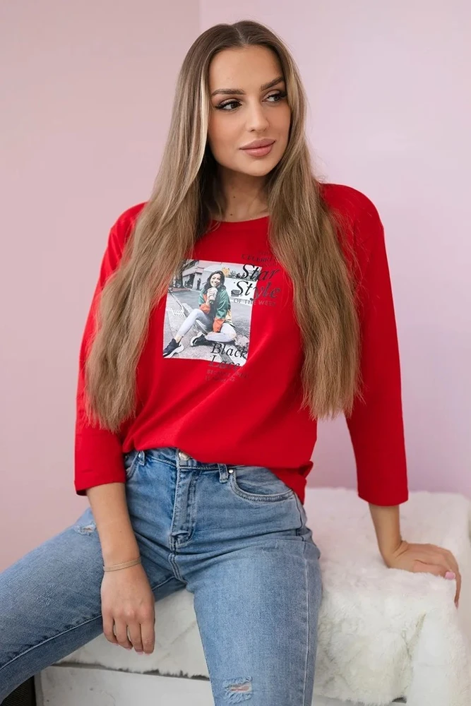 Moteriška medvilninė palaidinė su raštu Star Style, raudona