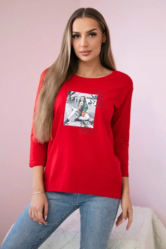Moteriška medvilninė palaidinė su raštu Star Style, raudona