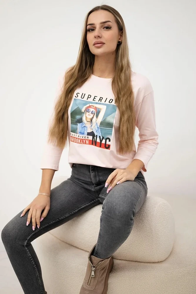 Moteriška medvilninė palaidinė su spalvotu raštu, pudros rožinė