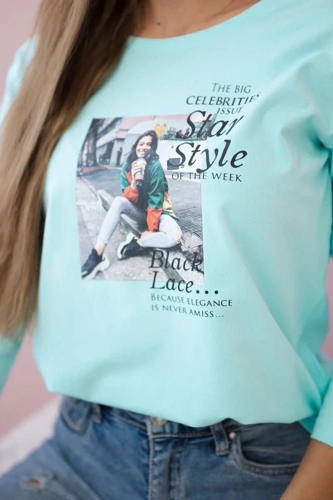 Moteriška medvilninė palaidinė su „Star Style“ raštu, mėtinė