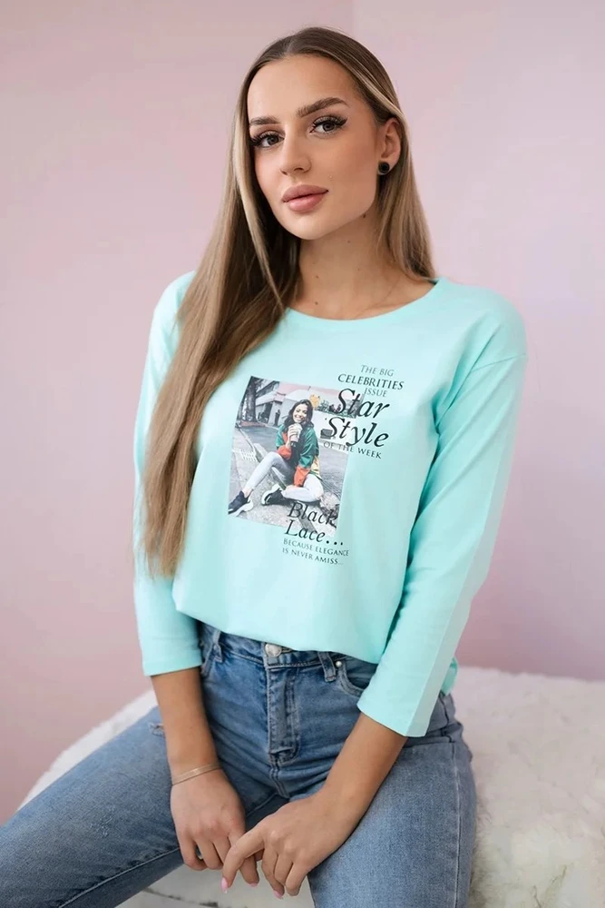 Moteriška medvilninė palaidinė su „Star Style“ raštu, mėtinė