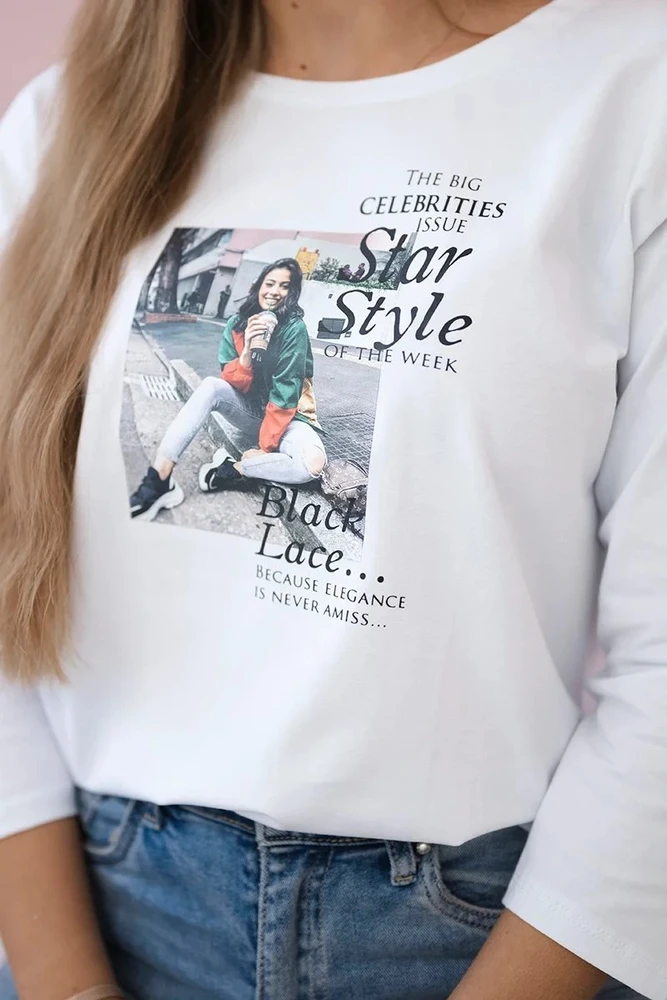 Moteriška medvilninė palaidinė su „Star Style“ užrašu, balta