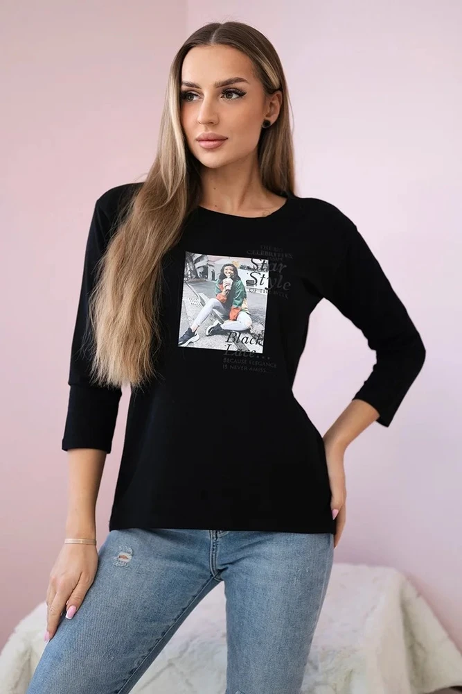 Moteriška medvilninė palaidinė su „Star Style“ raštu, juoda