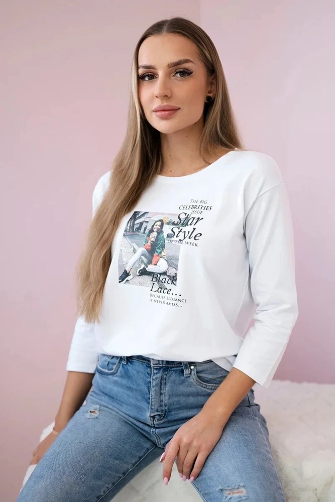 Moteriška medvilninė palaidinė su „Star Style“ užrašu, balta