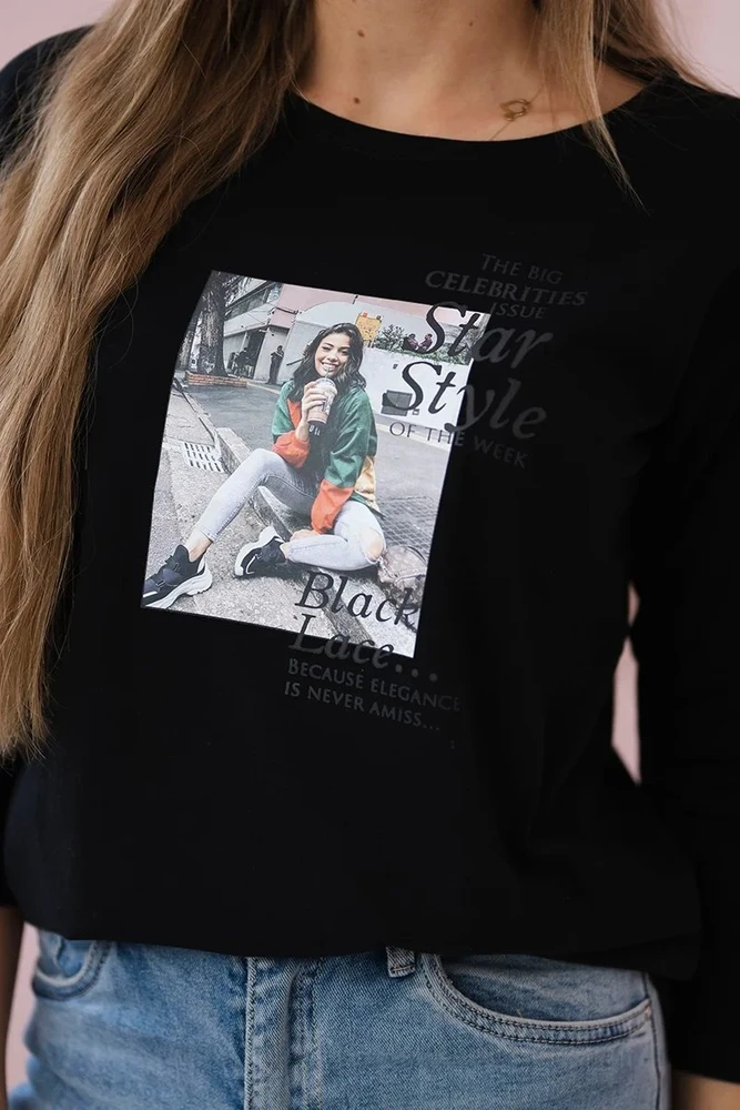 Moteriška medvilninė palaidinė su „Star Style“ raštu, juoda