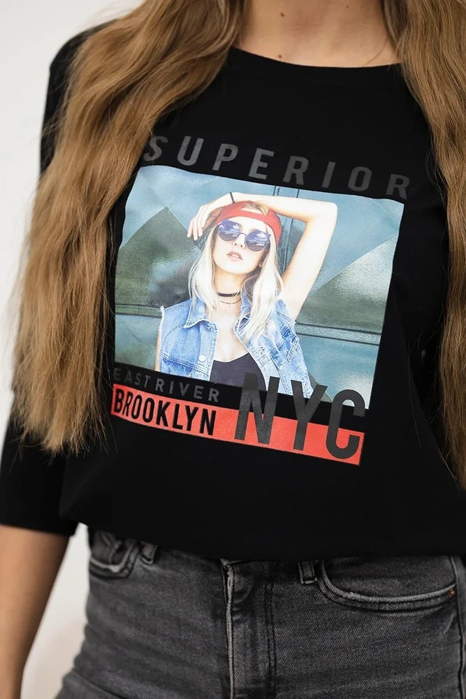 Moteriška medvilninė palaidinė su užrašu „Superior“, juoda