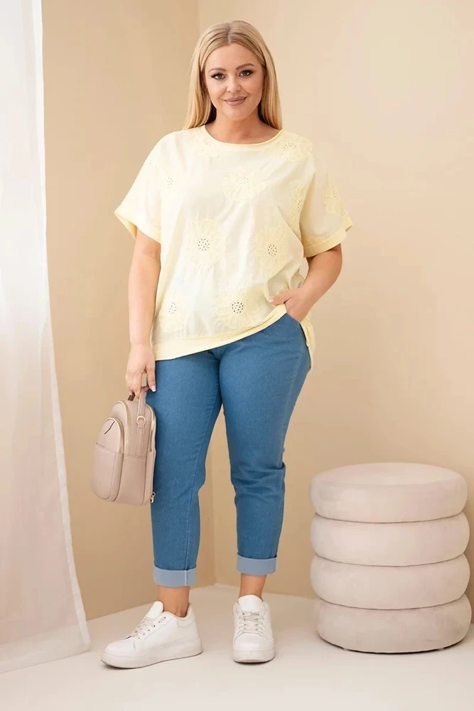 Moteriška medvilninė Plus Size palaidinė su siuvinėtomis gėlėmis, geltona