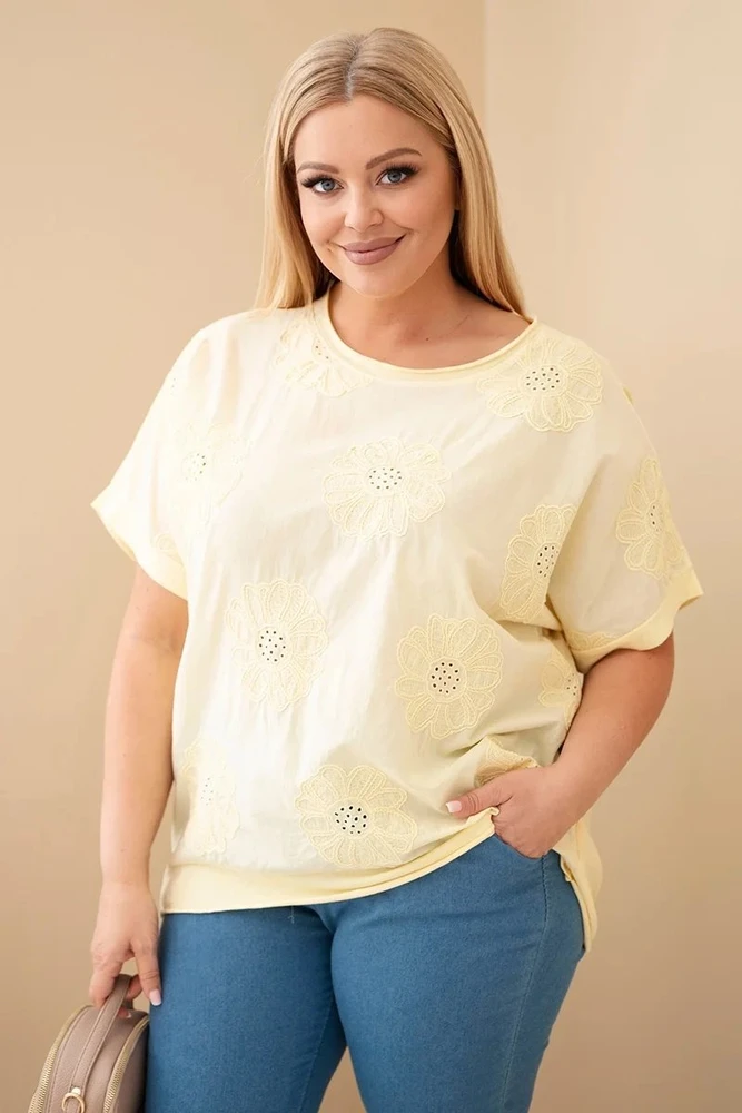 Moteriška medvilninė Plus Size palaidinė su siuvinėtomis gėlėmis, geltona