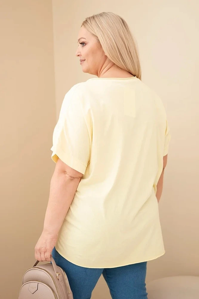 Moteriška medvilninė Plus Size palaidinė su siuvinėtomis gėlėmis, geltona