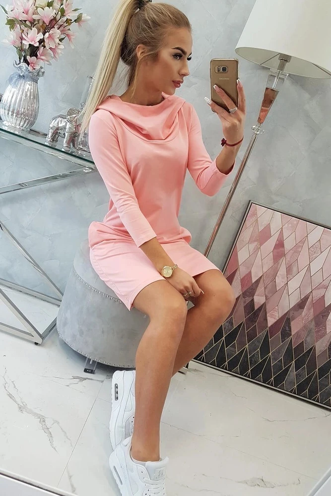 Moteriška medvilninė suknelė su gobtuvu, persikinė