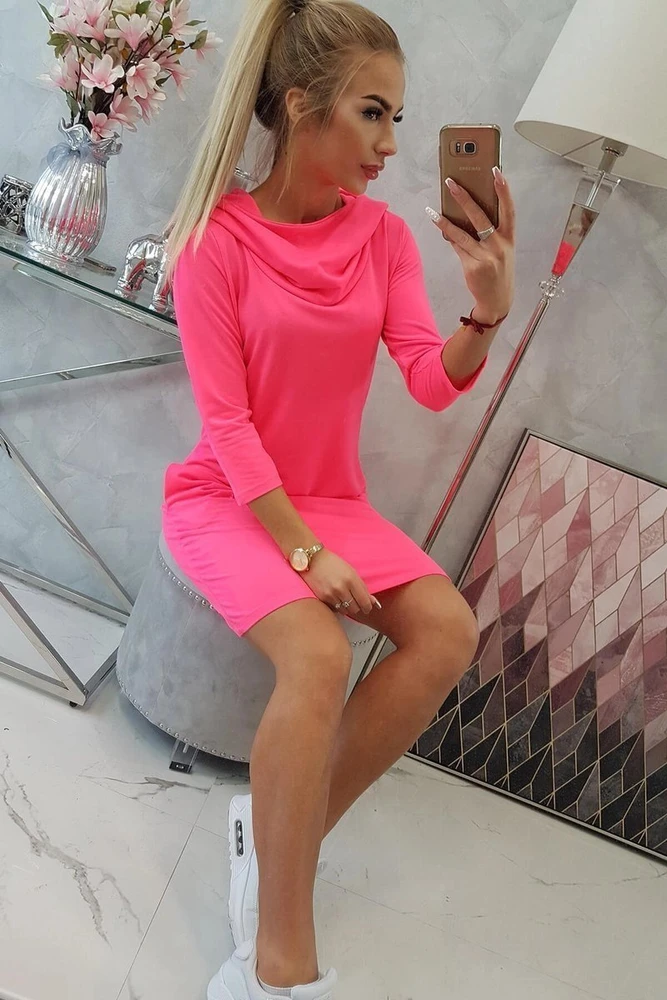 Moteriška medvilninė suknelė su gobtuvu, rožinė