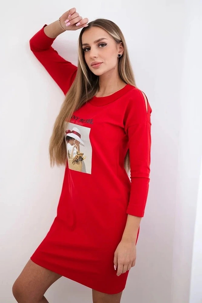 Moteriška medvilninė suknelė su krepšelio raštu, raudona