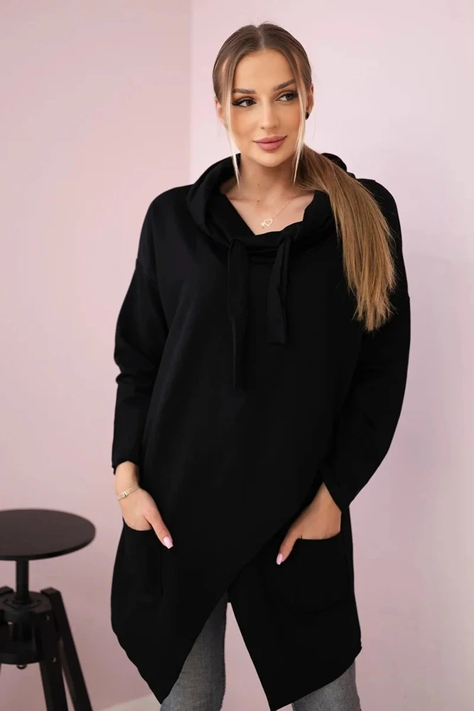 Moteriška medvilninė tunika su persikertančiu priekiu, juoda