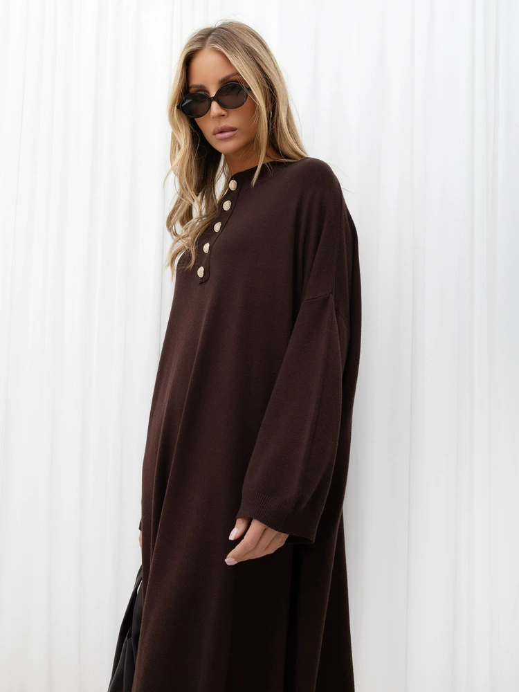 Moteriška midi suknelė su stačia apykakle Italy Moda, tamsiai ruda