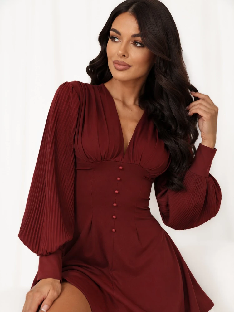 Moteriška mini suknelė su V formos iškirpte Italy Moda, bordo