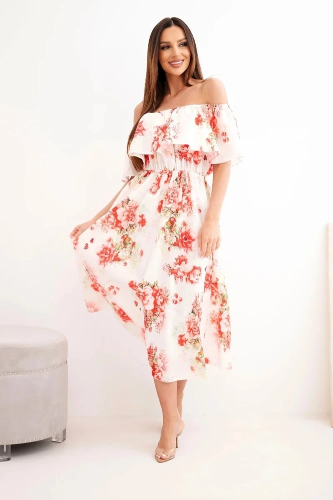 Moteriška off-shoulder midi suknelė su gėlių raštu, raudona