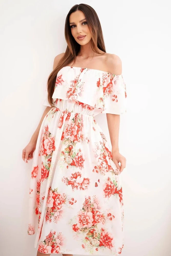 Moteriška off-shoulder midi suknelė su gėlių raštu, raudona