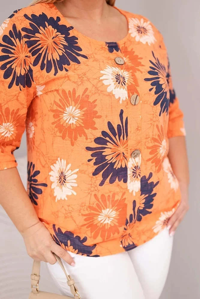 Moteriška oranžinė Plus Size palaidinė trumpomis rankovėmis ir sagomis
