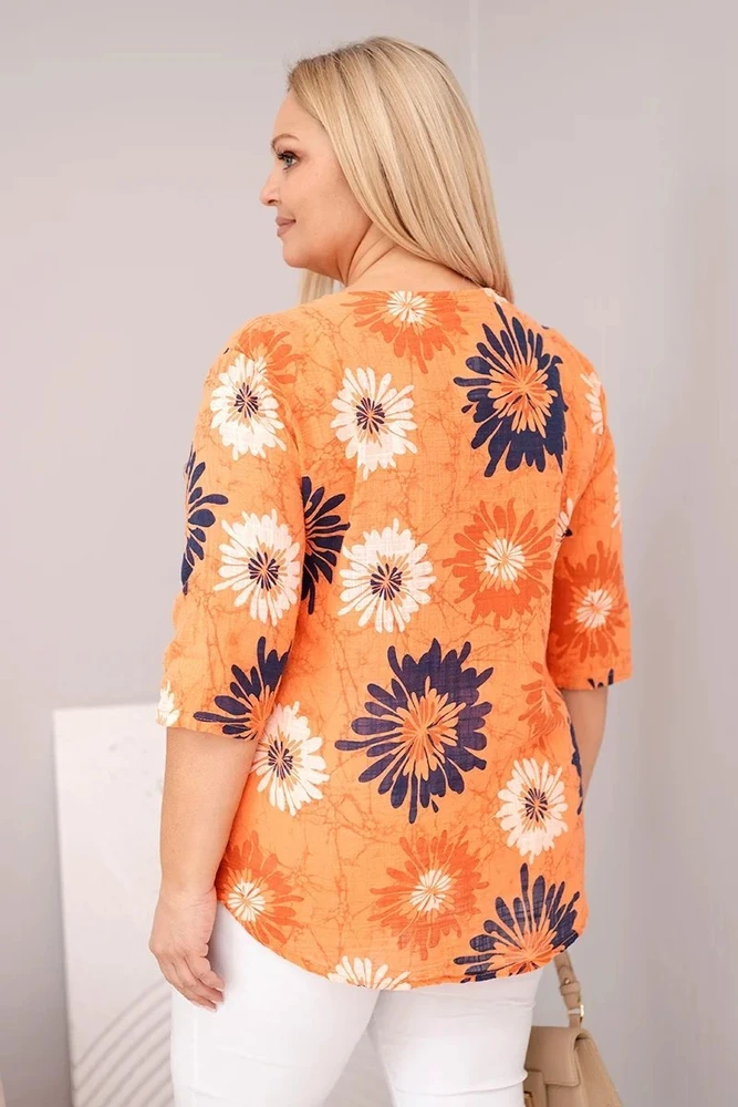 Moteriška oranžinė Plus Size palaidinė trumpomis rankovėmis ir sagomis