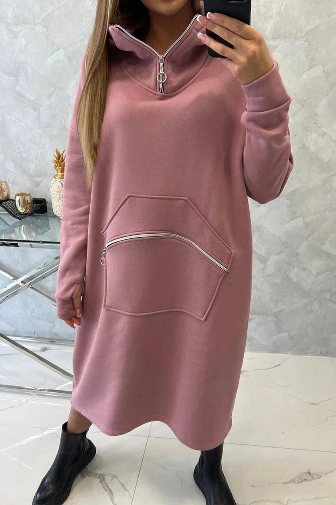 Moteriška pašiltinta medvilninė suknelė su gobtuvu, tamsiai rožinė