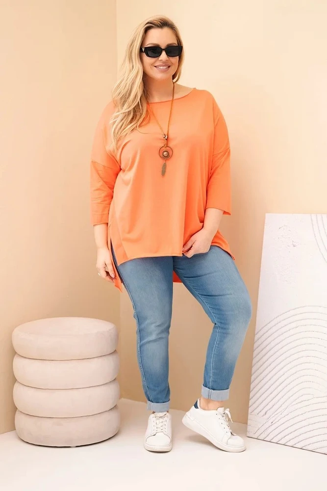 Moteriška Plus Size asimetriška palaidinė su dekoratyvine skarele, persikų spalvos