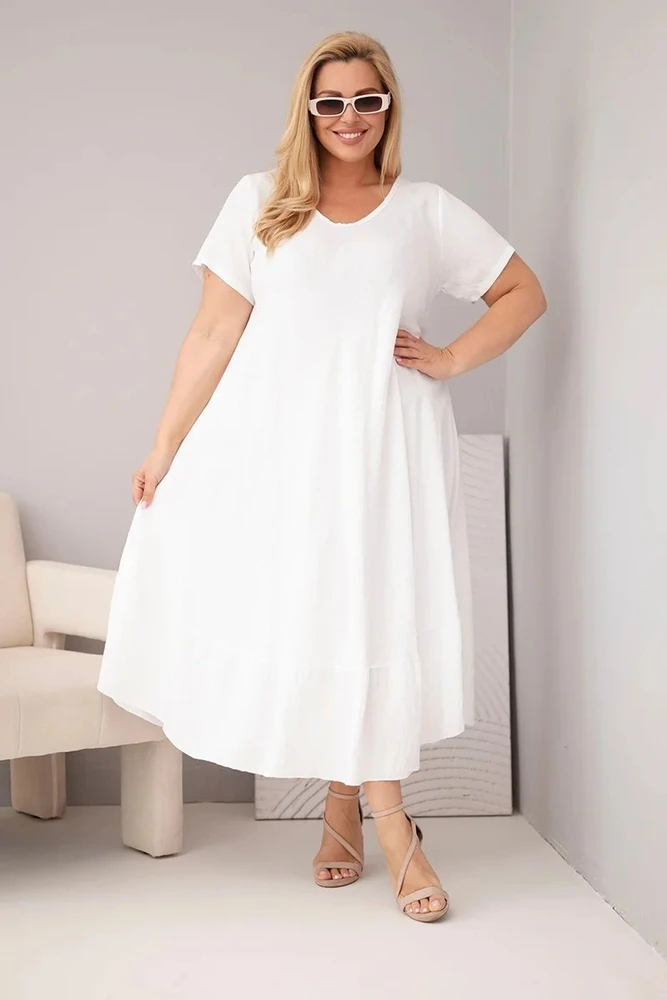 Moteriška Plus Size balta suknelė iš viskozės su trumpomis rankovėmis ir raukiniu