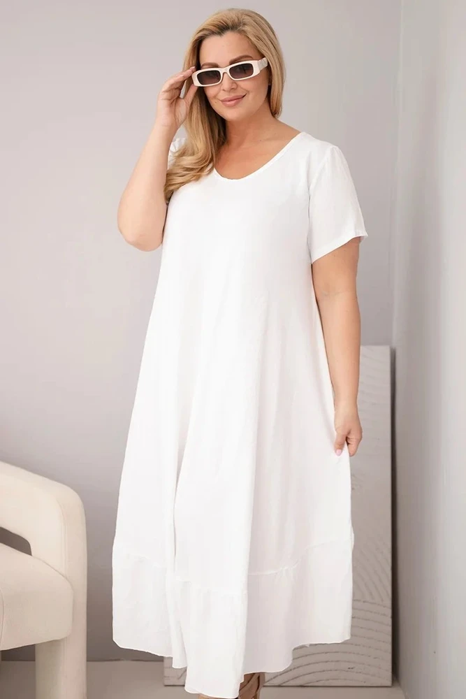 Moteriška Plus Size balta suknelė iš viskozės su trumpomis rankovėmis ir raukiniu
